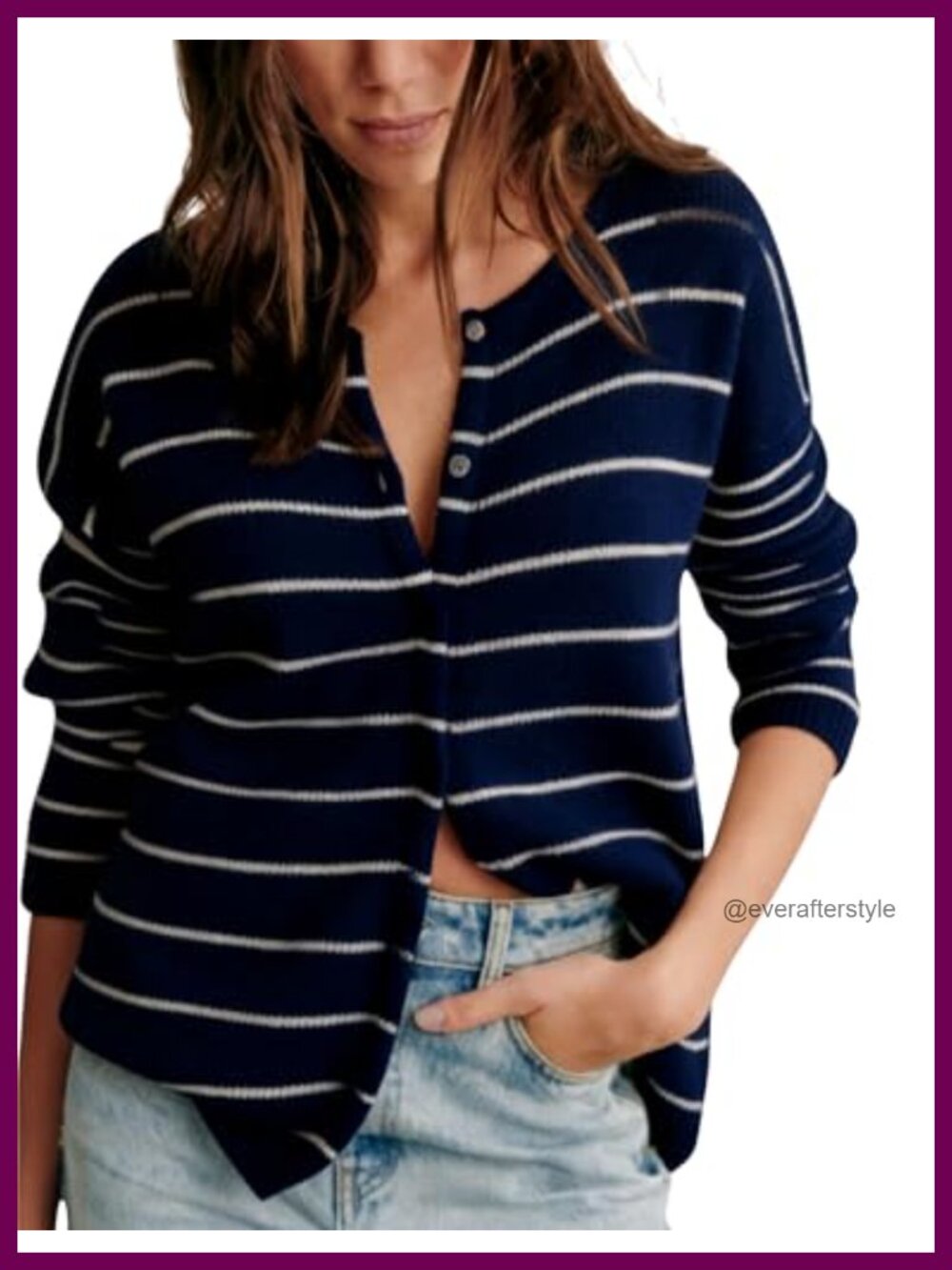 Striped Knit Cardigan Button Down Crewneck Loose Sweater Outerwear